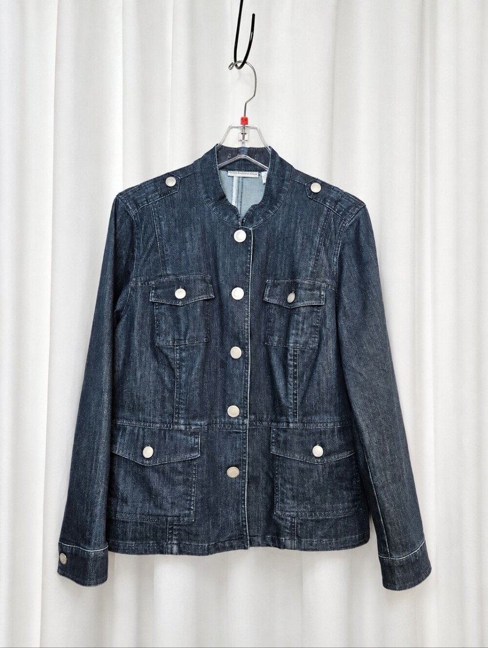 Chico's Platinum Dark Wash Military Utility Button Front Stretch Denim Jacket